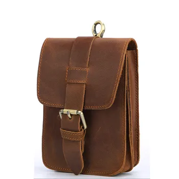 

2020 New Crazy Horse Leather Waist pack Belt Loop Hook fanny Waist Pouch Genuine leather Brown handmade phone Bag Hip Bum Bag