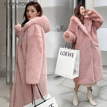 

Lugentolo Women Fur Coat X-Long Autumn Winter Solid Thick Hooded Loose Open Stitch Long Sleeve Wide-waisted Thick Warm Fur