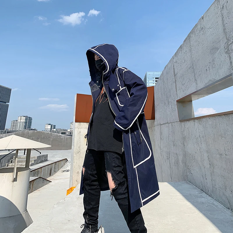 

high Quality Trench Coat Men Autumn Classic Long Coat Men Trench Solid Long Windbreaker Vintage Blends Hip Hop Line dust coat