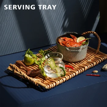 

Rectangle Bread Restaurant Solid With Handles Dinner Snack Storage Display Home Decor Woven Rattan Serving Tray For Breakfast