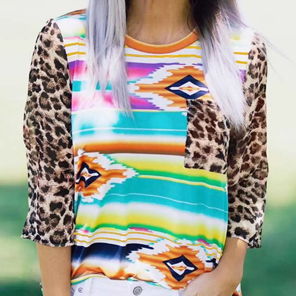 

Women Leopard Geometric Printed T-Shirt Multicolor Spring Fall Three Quarter Tee Female Luxury Harajuku Top 2019 Oversized