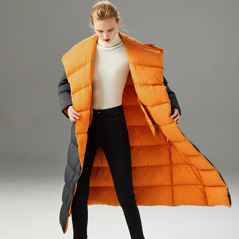 Elifashion, новинка, зимние, модные, женские, зимние, свободные, контрастные цвета, пуховики, белые, на утином пуху, женские пальто с шарфом