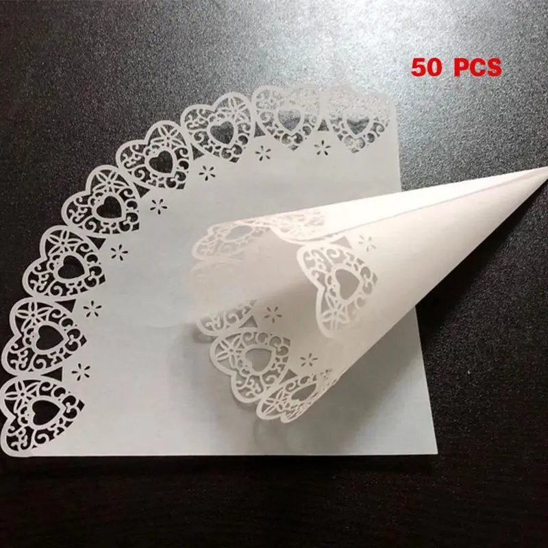 

50pcs Laser Cut Love Heart Lace Laying Candy Wedding Party Favors Confetti Cones Paper Cone Decoration Supplies Gift 19QB