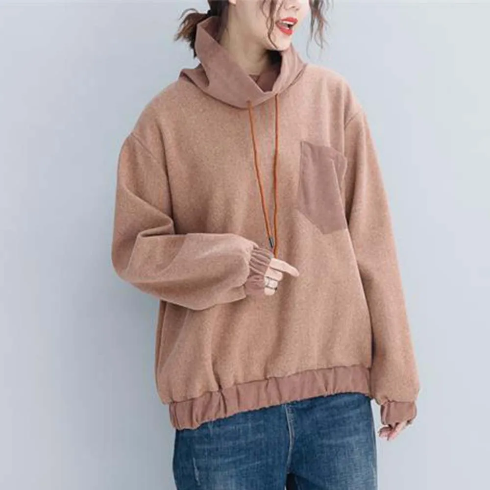 

Oversize Autumn Winter Sweatshirt For Women Turtleneck Pocket Cotton Long Sleeve Tops Pullovers Loose Casual Sweatshirts 2020 4X