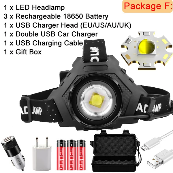 Package F XHP70 светодиодный налобный фонарь 18650 налобный светильник наибольшая мощность 32 Вт USB налобный фонарь Zoom power Bank 7800 мАч алюминиевый походный рыболовный светильник - Испускаемый цвет: Package F