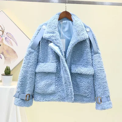 blue Модная зимняя женская розовая куртка из искусственной кожи, Высококачественная плотная теплая свободная однотонная короткая овечья шерсть, искусственная Меховая куртка, верхняя одежда для женщин - Цвет: blue