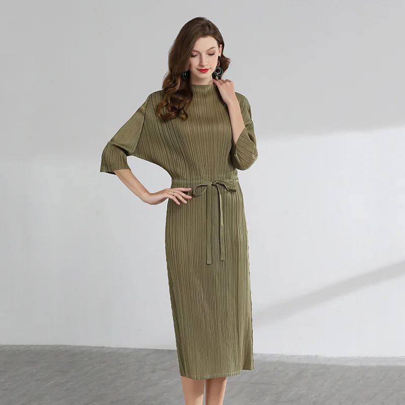 

[DEAT] High Quality 2019 Summer New Pattern Pleat Clothes For Women Drawstring Waist Three Quarter sleeve Dress hot sale YH205