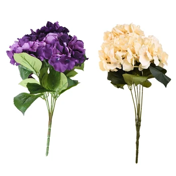 

2Pcs Artificial Hydrangea Flower 5 Big Heads Bouquet (Diameter 7 inch Each Head) Purple & Champagne Color