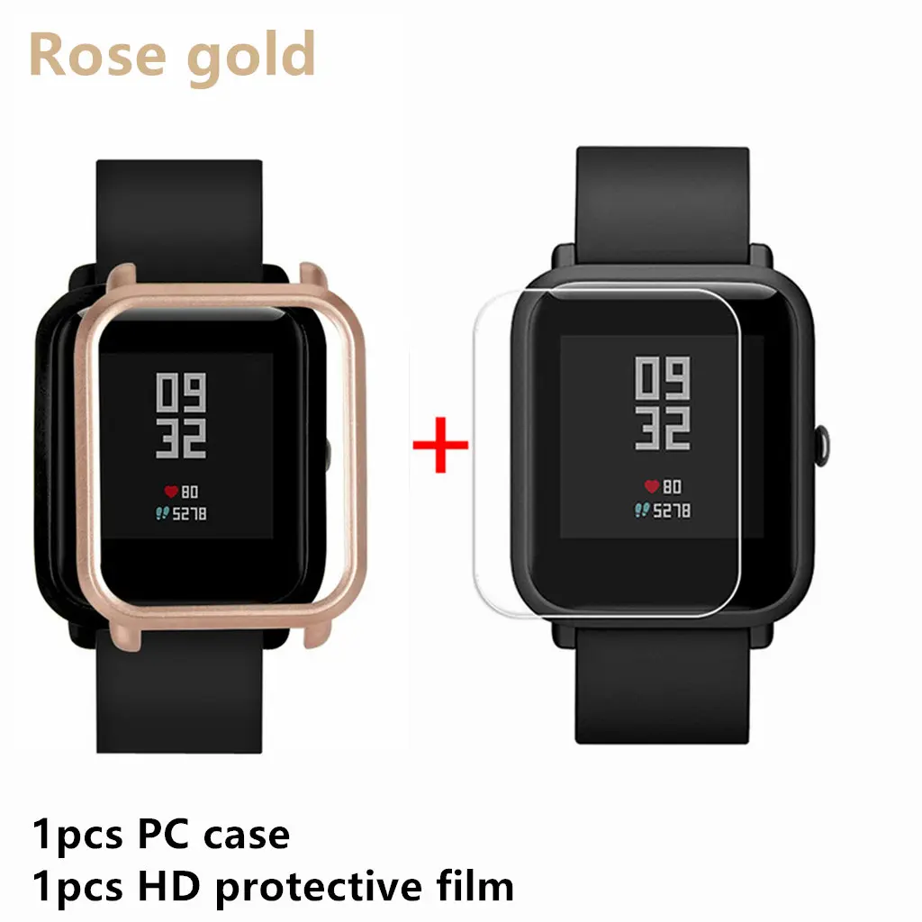 SkeYou HD протектор экрана тонкий+ красочные PC Рамка Защитные чехлы для Huami Amazfit Bip PC чехол с HD защитной пленкой - Цвет: Розовое золото