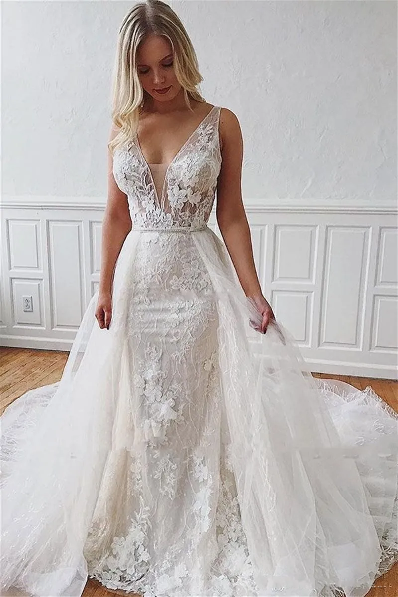 

Modest Mermaid Wedding Dresses 2020 With Detachable Train Lace Appliques Deep V-Neck See Though Mariage Gowns Vestidos