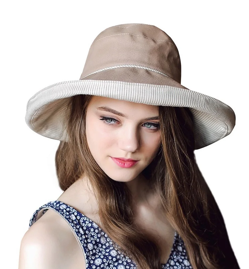 Женская летняя хлопковая шляпа от солнца с широкими полями от коннектора UPF50, пляжная шляпа от солнца - Цвет: Khaki