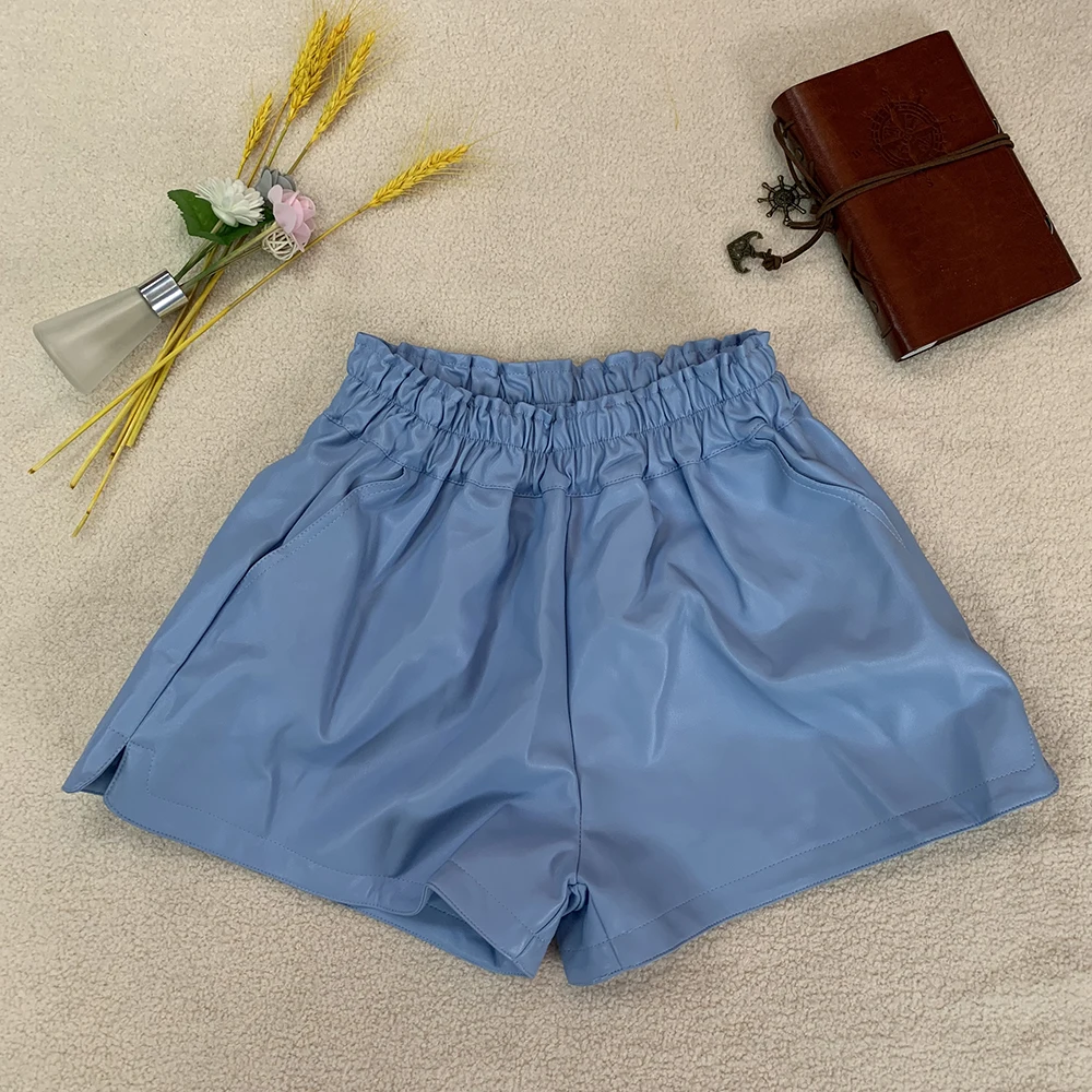 LJSXLS High Quality Elastic High Waist Wide Leg Pockets Shorts Women Autumn winter Korean PU Leather Casual Shorts Femme 2023