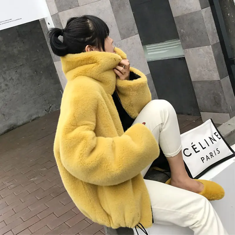 Yellow Модное Брендовое Пышное пальто из искусственного меха с большим воротником, Женский утепленный жилет из лисьего меха, пальто на молнии с завязками - Цвет: Yellow