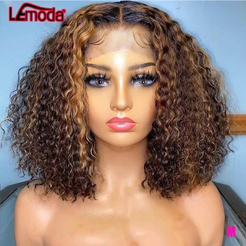 

Highlight Wig Ombre Curly Short Bob Wig Peruvian Colored Lace Front Wig Lemoda 150% Remy 13x4 Brown Lace Frontal Wig For Women