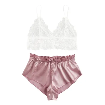 

Women Two-piece Pajama Sling Solid Color See Through Lace Crop Low Chest Top Short Loose Smooth Elastic Band Pants Sleepwear Set