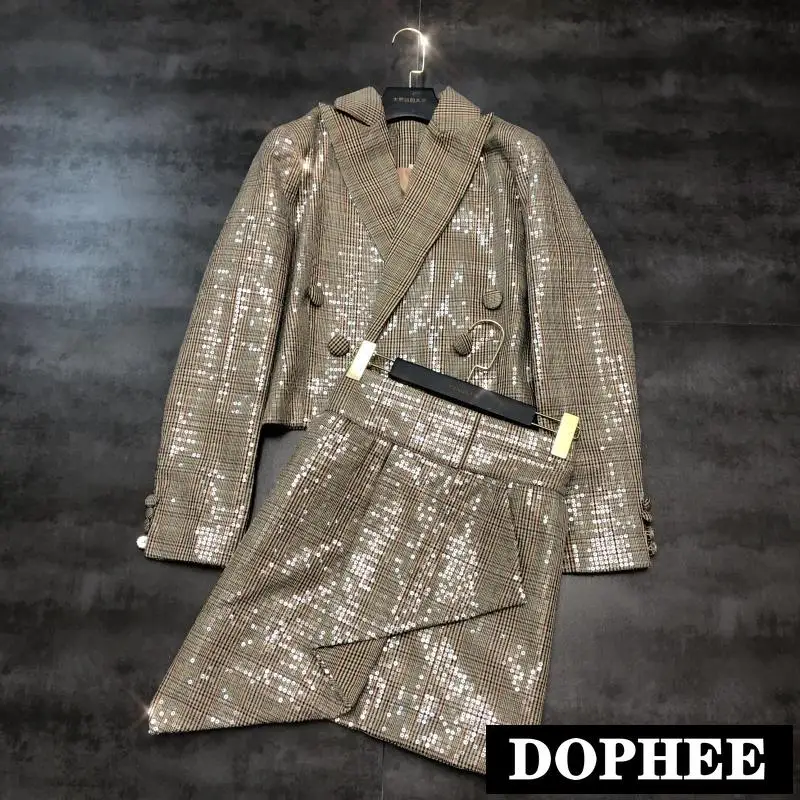 Nieuwe Mode Herfst dame Bling Volledige Lovertjes Britse Pak Blazer Jas + Gevouwen Rok Twee Stuk Pak voor vrouwen Nieuwe Mode Herfst dame Bling Volledige Lovertjes Britse Pak Blazer Jas + Gevouwen Rok Twee Stuk Pak voor vrouwen