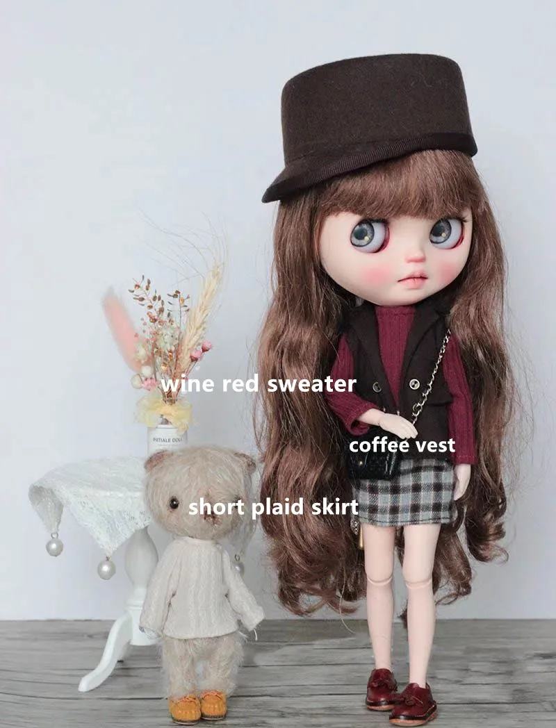 coffee vest Кукольный свитер кукла клетчатая юбка жилет на куклу(подходит для Блит, личка, Момоко, азон, пульлип, 1/6 кукла - Цвет: coffee vest