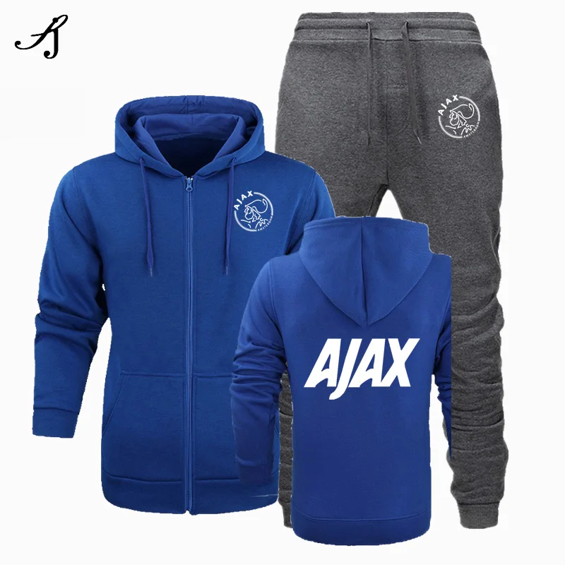 blue1 Новинка, модная спортивная одежда AJAX, толстовка с капюшоном, мужская спортивная одежда, два предмета, хлопок, флис, Толстая Толстовка с капюшоном+ штаны, спортивный костюм для мужчин - Цвет: blue1