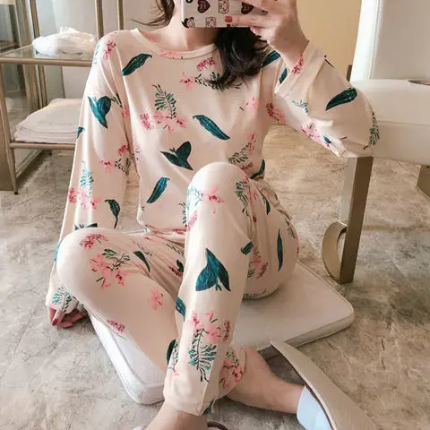 Осенне-зимний пижамный комплект для женщин, полосатый хлопковый Длинный топ, длинные штаны, комплект из 2 предметов, пижамный комплект для женщин, милая одежда для сна, пижама для девочек - Color: Pajamas suit