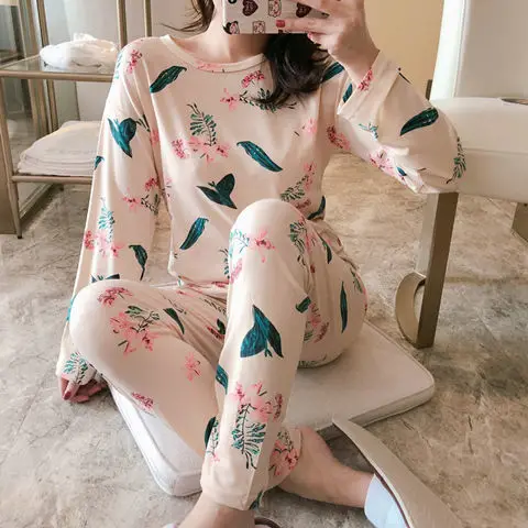 Pajamas suit Осенне-зимний пижамный комплект для женщин, полосатый хлопковый Длинный топ, длинные штаны, комплект из 2 предметов, пижамный комплект для женщин, милая одежда для сна, пижама для девочек - Color: Pajamas suit