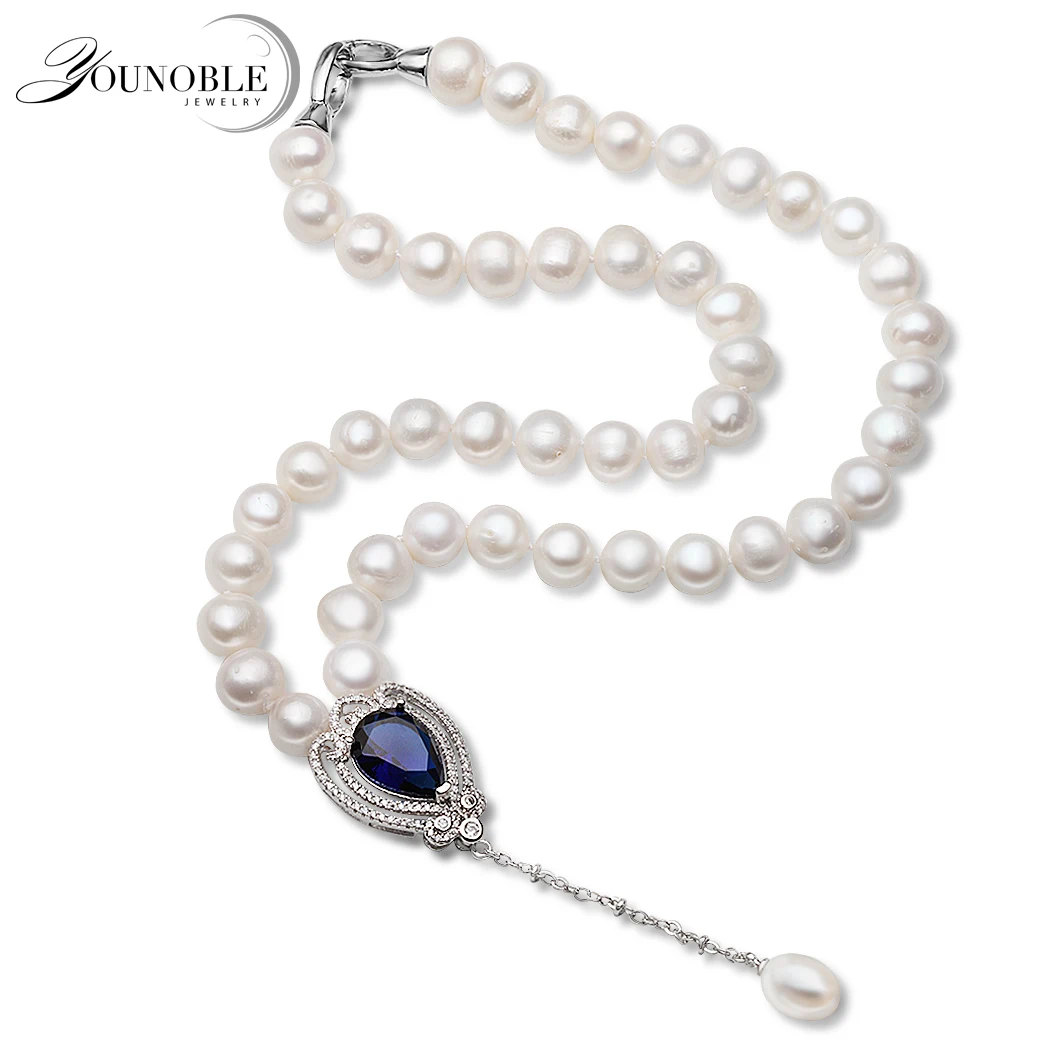 White Real Natural Near Round Pearl Jewelry Women Necklace,925 Sterling Silver Pendant Necklace Anniversary Gift