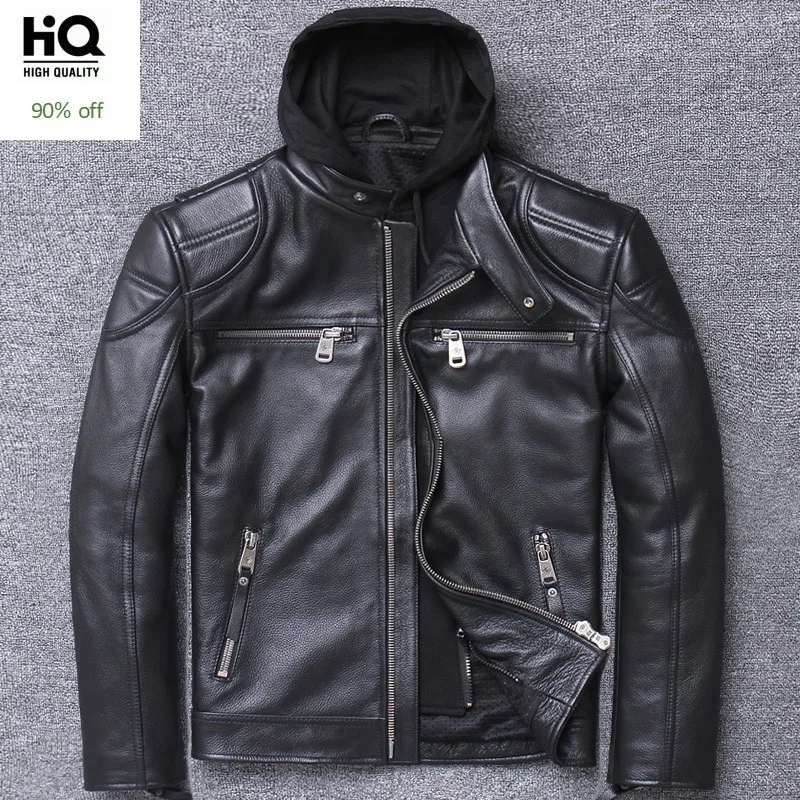 

Luxury Mens Cowhide Genuine Leather Jacket Hoody Motorcycle Biker Outwear Coat Slim Fit Real Leather Jacket Plus Size 5XL Coats