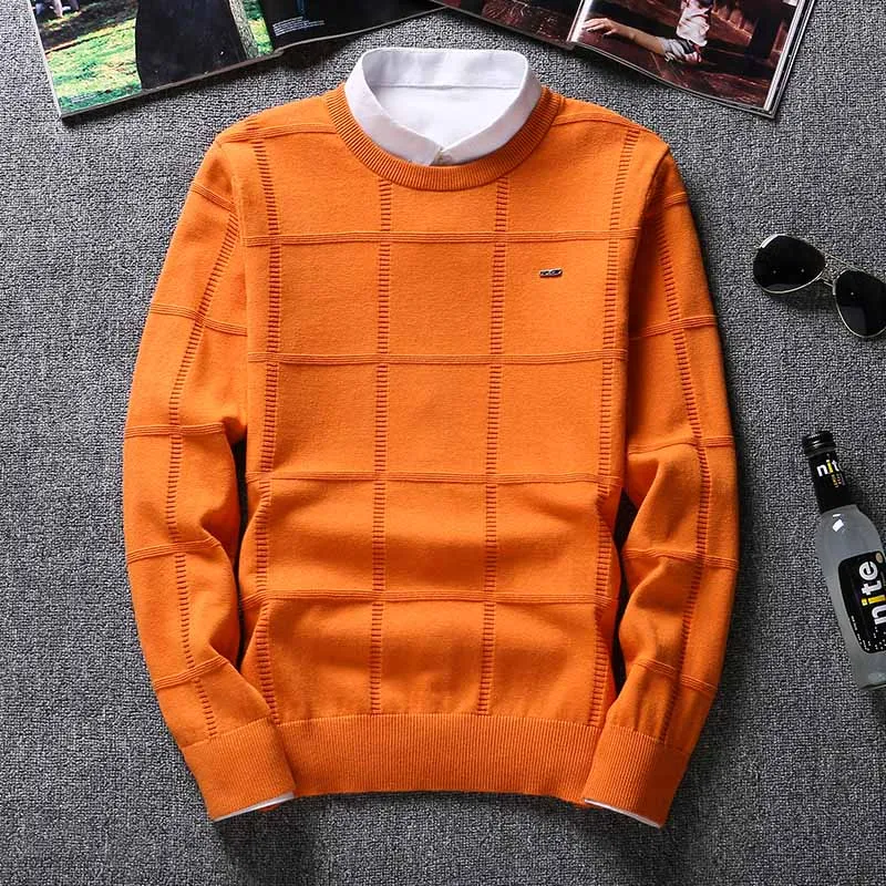 asian size-orange Однотонные свитеры для мужчин, пуловер с круглым вырезом, мужской свитер с длинными рукавами, Повседневное платье, мужской бренд, кашемировый трикотаж в клетку, Мужской пуловер - Цвет: asian size-orange
