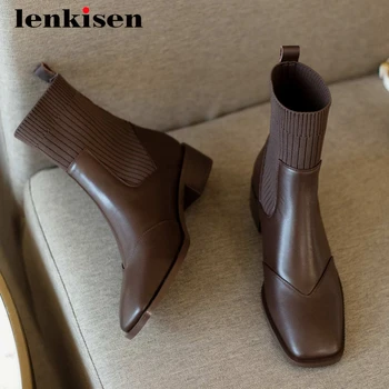 

Lenkisen knitting boots genuine leather patchwork leisure thick med heel square toe slip on young girls dating ankle boots L43