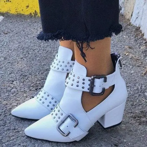 

Large Size Women's Pointed-Toe Rivet Short Boots Women's Belt Buckle Mixed Colors Women's Boots Thick with High Heels after Zipp
