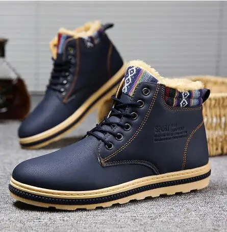 

High Quality Fur Warm Mens Winter Boots High Top Waterproof Male Snow Boots Lace Up Blue Leather Mens Ankle Boots