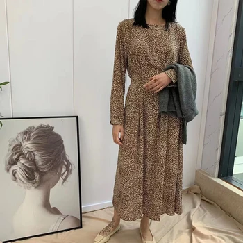

2020 Spring Leopard Printing Long Dress Elastic Waist Long Sleeve Slim Dress For Women Round Neck