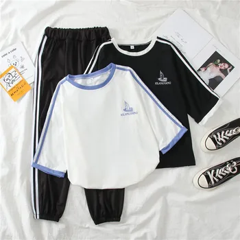 

Women Clothing Set Summer Outfits Short Sleeve Striped Embroidery Tops And Black Elastic Long Pant Tracksuit Women 2 Piece Sets
