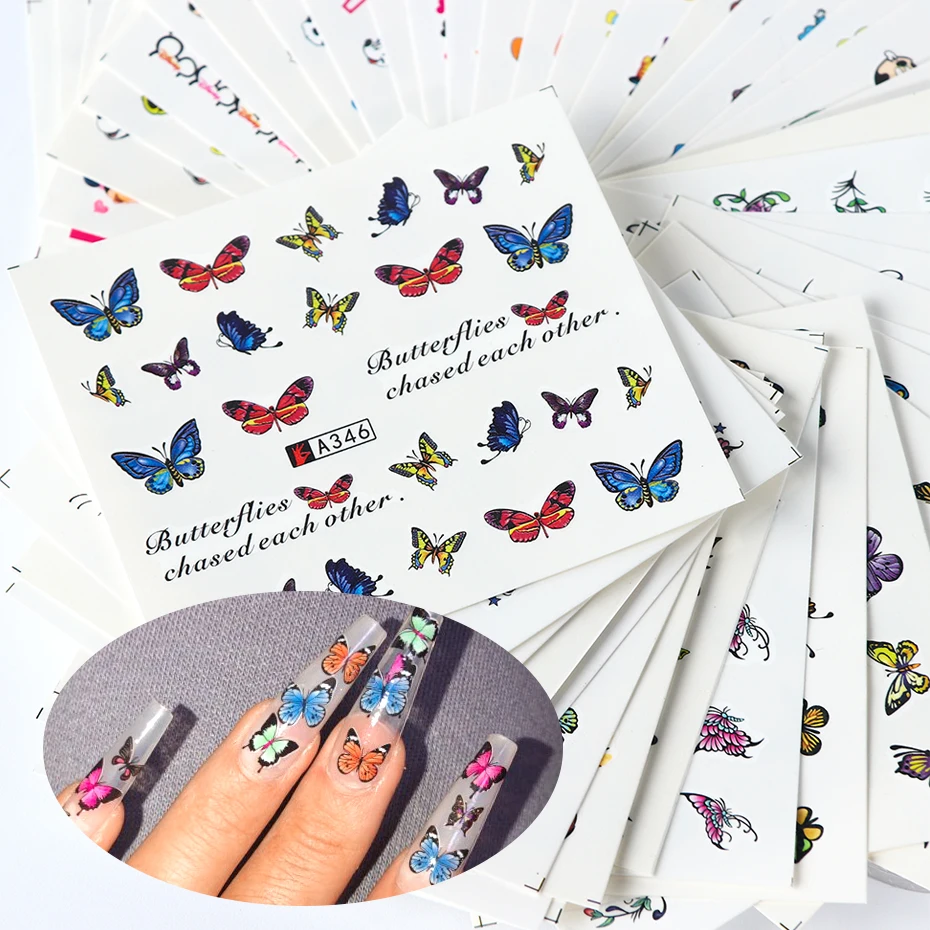 48 шт. наклейки для ногтей на ногти переводные наклейки наборы Красочные бабочки Дизайн клейкие переводные наклейки дизайн ногтей LAA337-384
