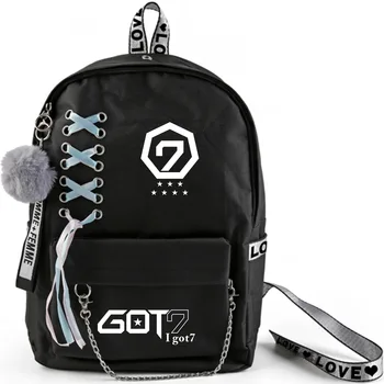 

Kpop GOT7 Backpack Large Capacity School Bags with Crossed Ribbon Plush Ball Pendant K-pop GOT7 Travel Bags Fans Gift Collection