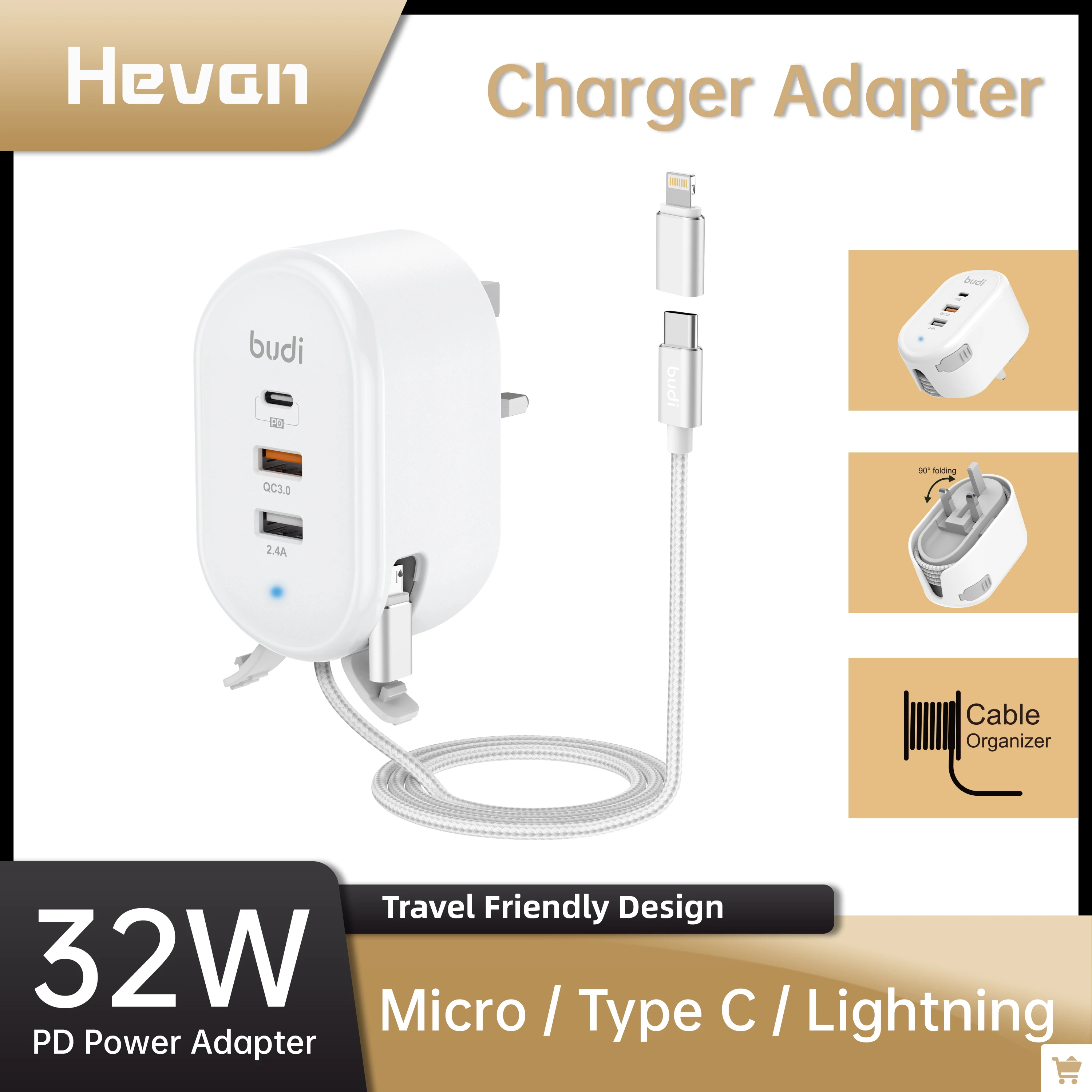 

Budi Travel Chargers with Braided Cable, USB Type C, Fast Charging for iPhone 12, 11 Pro Max, Mini, Huawei, Xiaomi, QC 3.0