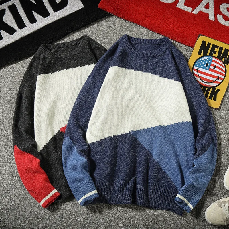

Winter New Sweater Men Warm Fashion Contrast Color Stitching Casual Knit Pullover Man Streetwear Loose Long-sleeved Sweater