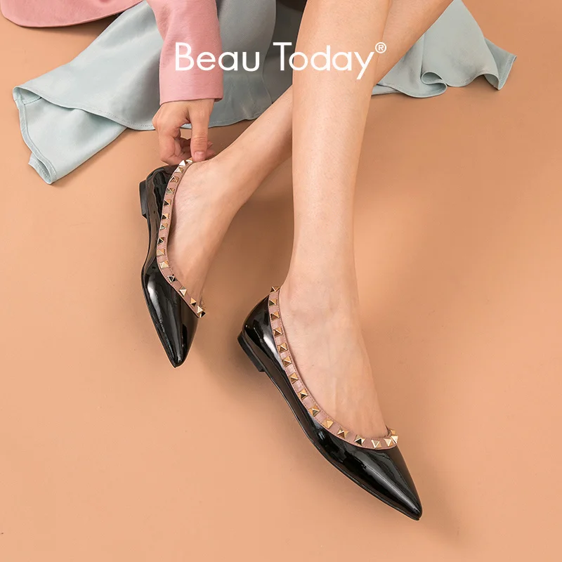 

BeauToday Flats Women Patent Leather Rivet Decoration Pointed Toe Spring Ladies Shallow Slip On Shoes Handmade 28025