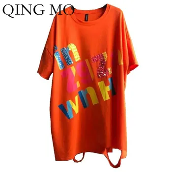 

QING MO Black Orange Green Women Loose T Shirt 2020 Women Letter Sequin T Shirt Female Holes T Shirt Mixture ZQY4055