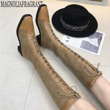 Женские ботинки; Новые однотонные женские повседневные ботинки с завязками на шнуровке; высокие сапоги на молнии сзади; высокие сапоги до бедра; y174