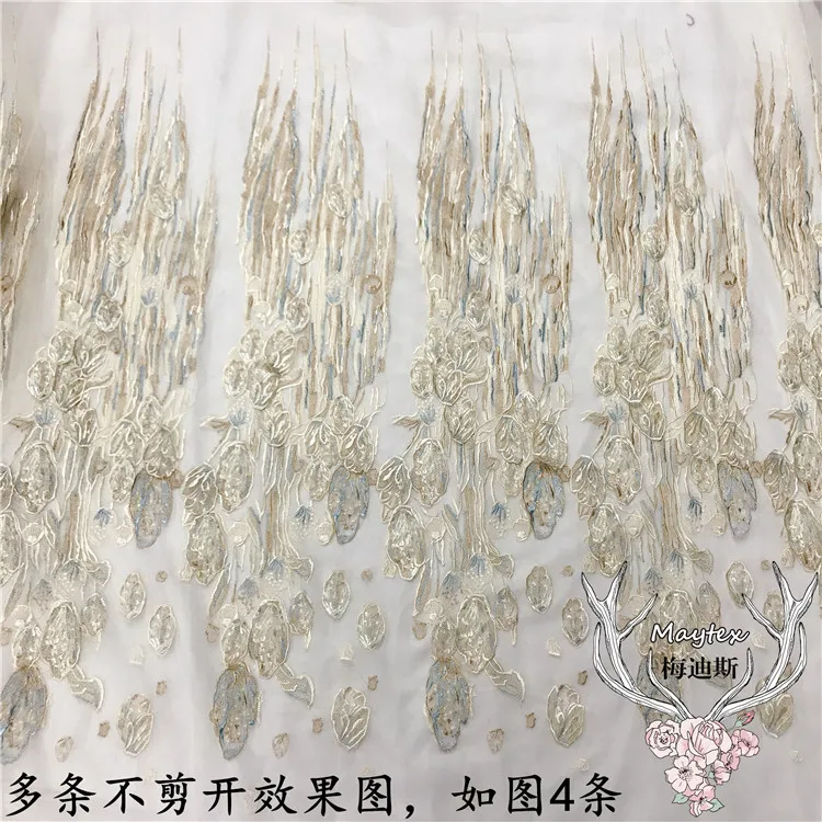 large long sequin beaded 3D embroidery gold flowers lace patch Dress DIY veil applique parche clothes hanfu decoration
