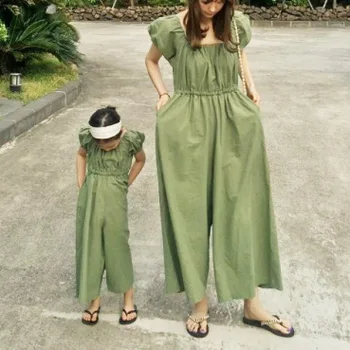 

2020 Summer Korean Children's Clothing New Girls Fashion Raglan Puff Sleeve Wide Leg Parent-Child Jumpsuit