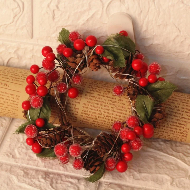

Christmas Decorative Wreath With LED String Light Artificial Berries And Pine Cone Garland For Front Door Window Wall Decor