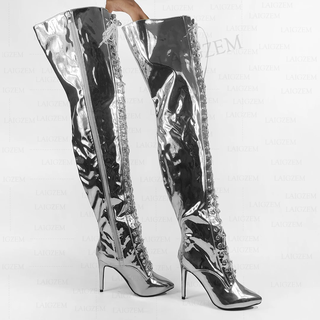 

BERZIMER Women Thigh Boots Shiny Adjustable Shoeslace Pointed Toe Thin Heels Over Knee Boots Shoes Woman Big Size 38 42 45 47