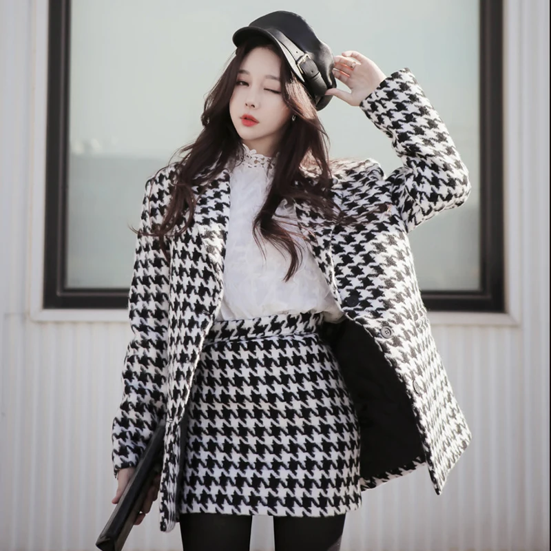

Women Single breasted Pockets Plaid Short Jacket Coat + Mini Skirt Set 2019 Autumn Winter Woman Tweed Wool Suit Clothes