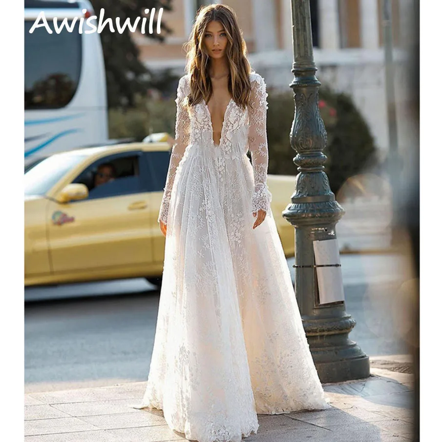 Sexy Open V-Neck Lace Appliques Long Skirts Long Sleeves High-Quality Party Dress long gown