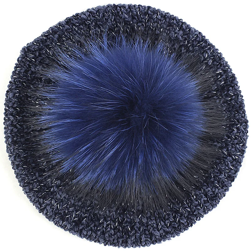 navy B New Fashion Women Winter Chenille Material Berets Beanies With 15 cm Raccoon fur ball pompom Lady warm Knitted Skull Hat - Color: navy B