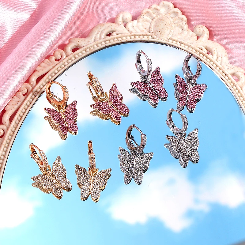 BYNOUCK New CZ Metal Butterfly Drop Women's Earrings Rose Red White Shining Crystal Animal Dangle Fashion Jewelry 2020 | Украшения и