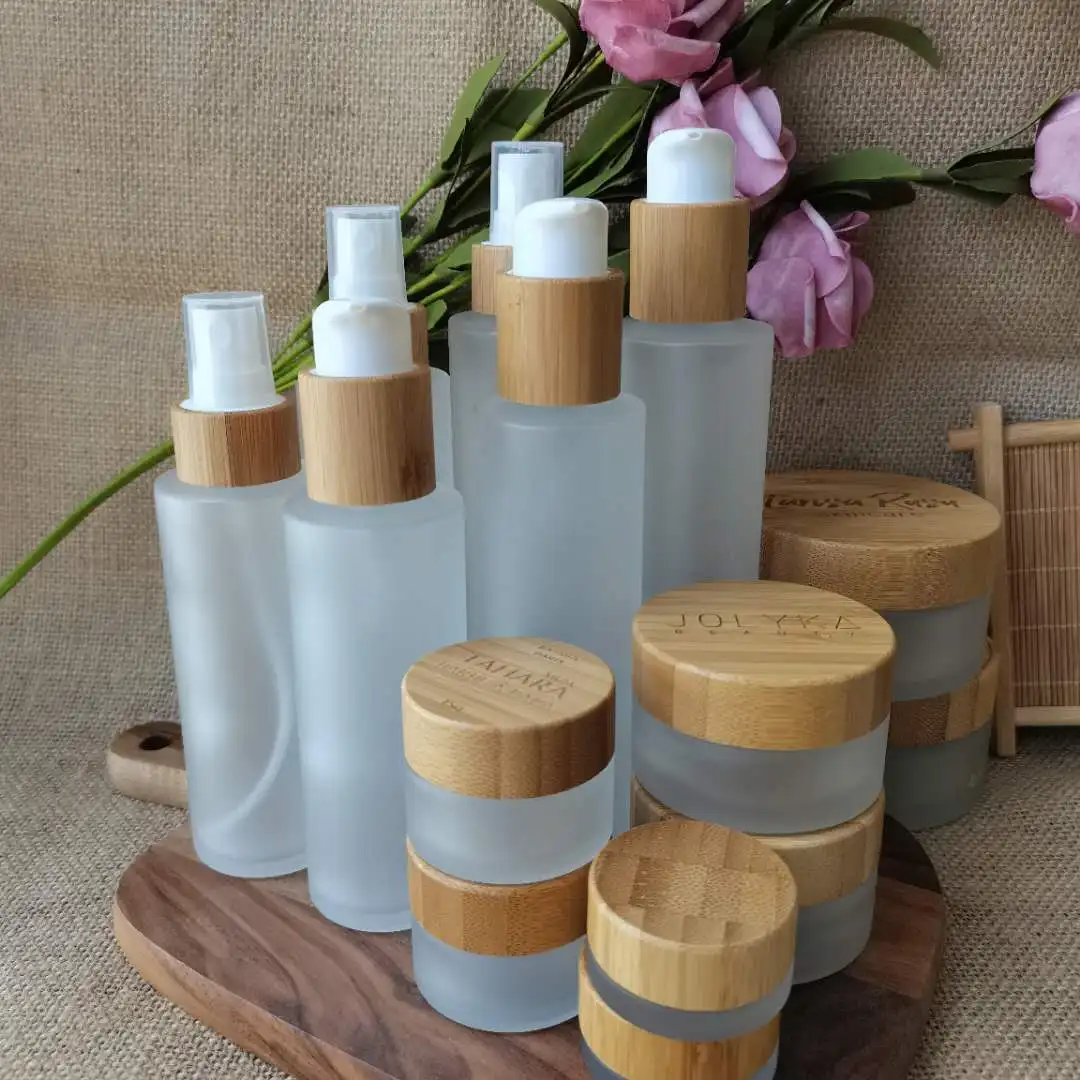 5PCS Samples Travel Size Frosted Glass Spray Hand Sanitizer Bottles With Eco-Friendly Bamboo Cap Skin Care Serum Packaging wholesale custom silk printing empty skin care serum essence glass container hair oil droppe bottles with aluminium lid cap