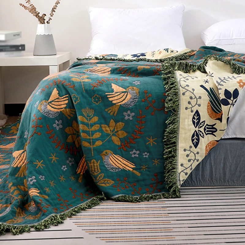 Fashion Cotton Throw Blanket Cover Boho Style Flowers Birds Embroidery Warm Bedspread for Sofa Bed Decorative Plaid Blankets - 2