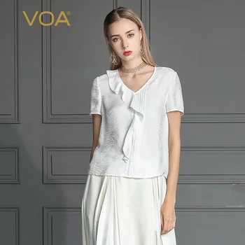 

Voa Snow White V-neck Short Sleeve Ruffle Stripe Pupa Jacquard Silk Tube Pure T-shirt Women B680 t Shirt Befree Tshirt